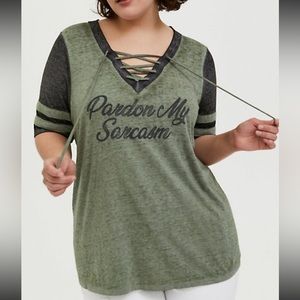 Torrid Sarcasm Olive Burnout Football Tee